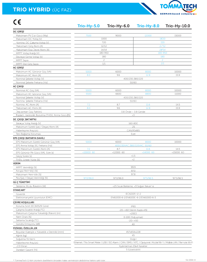 TommaTech Trio Hybrid 10.0kW Üç Faz İnverter