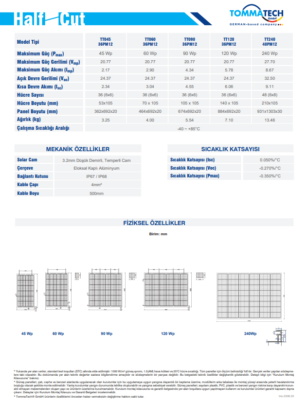 TommaTech 90 Watt Güneş Paneli - 36 M12 Half Cut Perc Monokristal Hücre