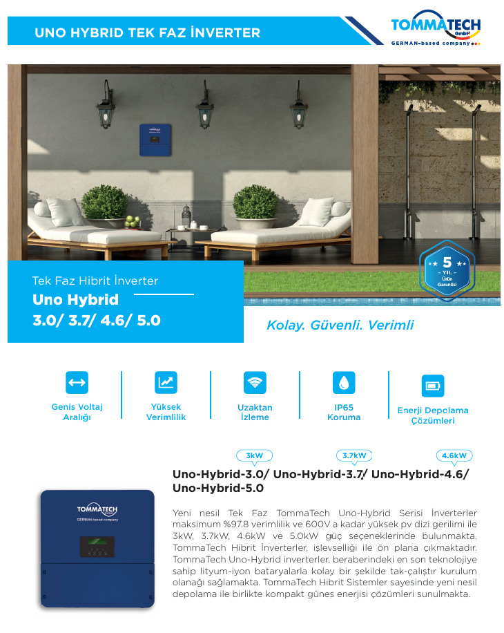 Tommatech Uno Hybrid 5.0 Tek Faz Dizi İnverter
