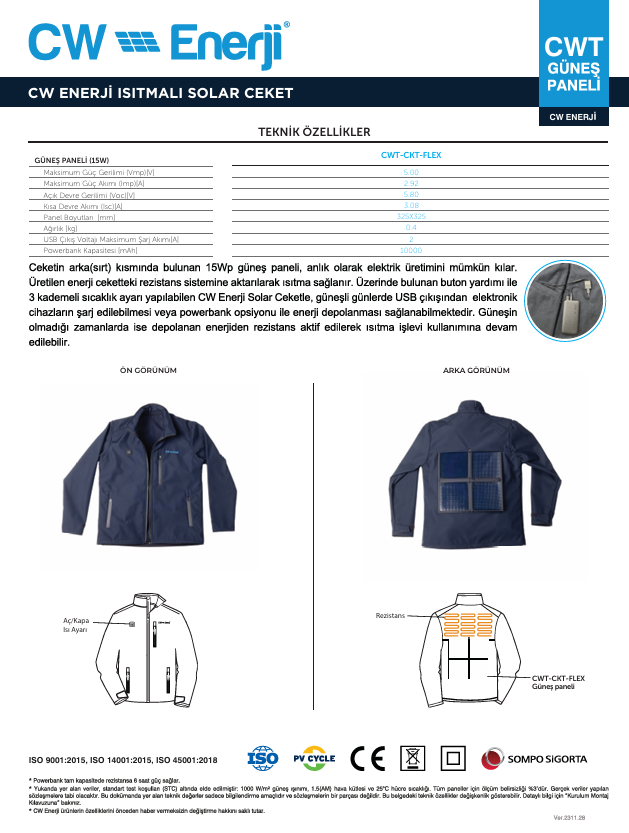CW Enerji Isıtmalı Solar Ceket - 2XLarge