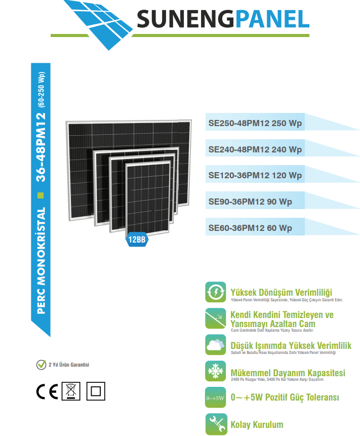 Suneng 250Wp 48PM12 Güneş Paneli