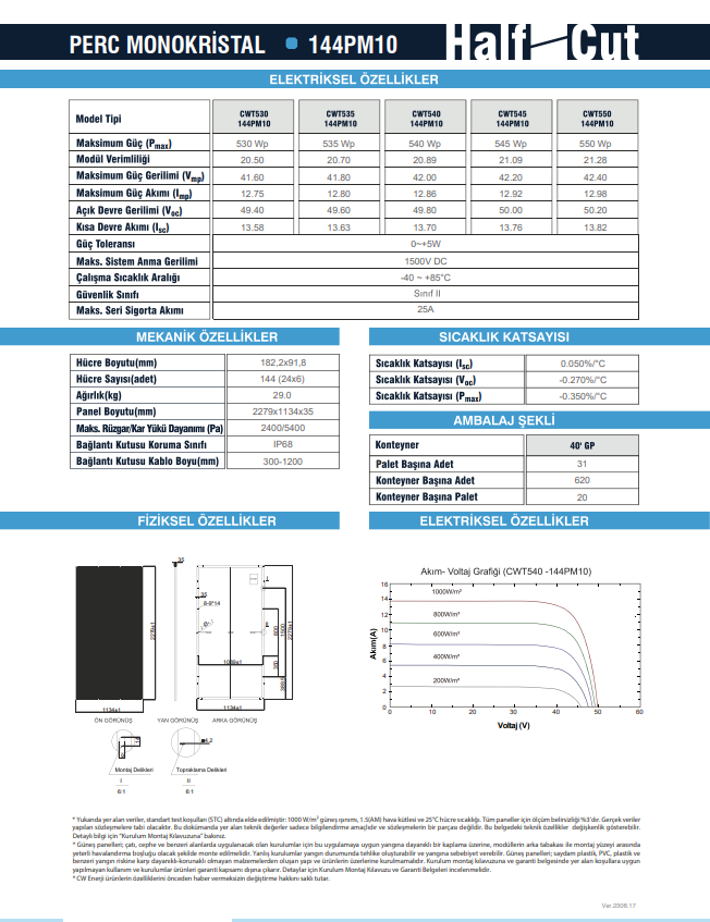 CW Enerji 545Wp 144PM M10 HC-MB Güneş Paneli