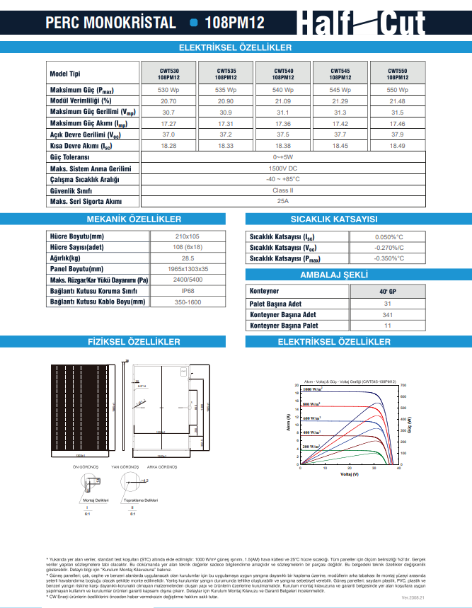 CW Enerji 550Wp 108PM M12 HC-MB Güneş Paneli