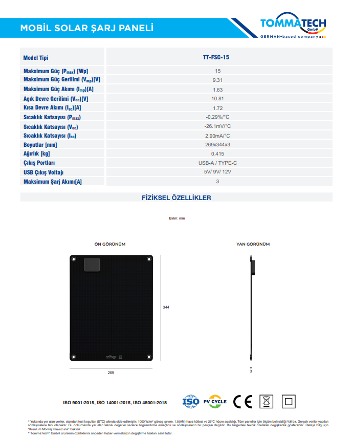 TommaTech 15Wp Mobil Solar Şarj Paneli