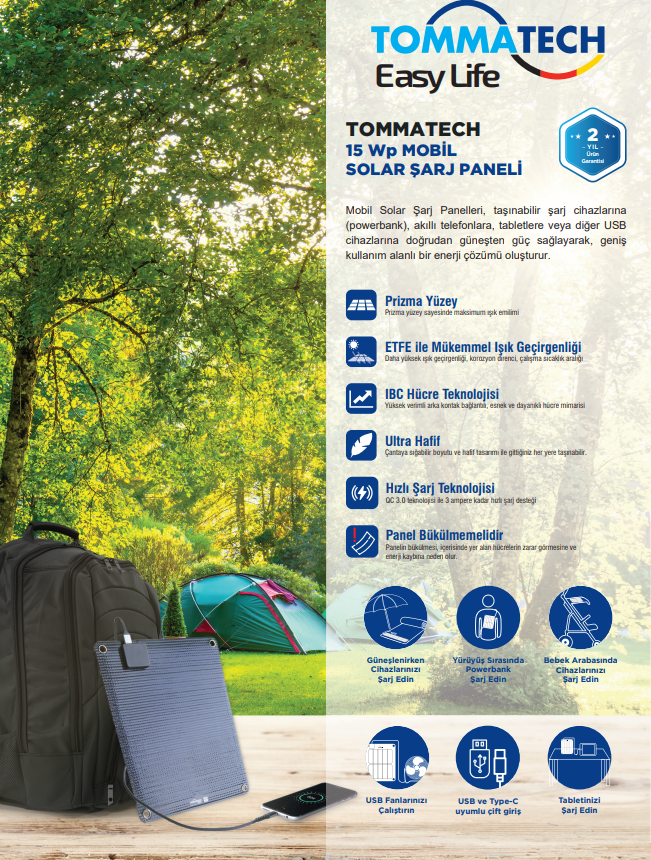 TommaTech 15Wp Mobil Solar Şarj Paneli