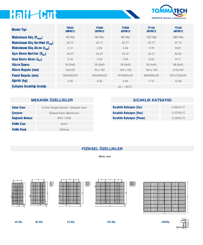 TommaTech 240Wp 48PM Half-Cut MB Güneş Paneli